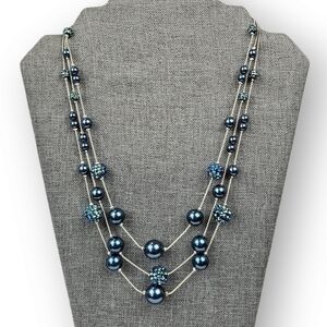 Vintage Multistrand Chain Necklace Dark Blue Iridescent Rhinestone Bead Vintage